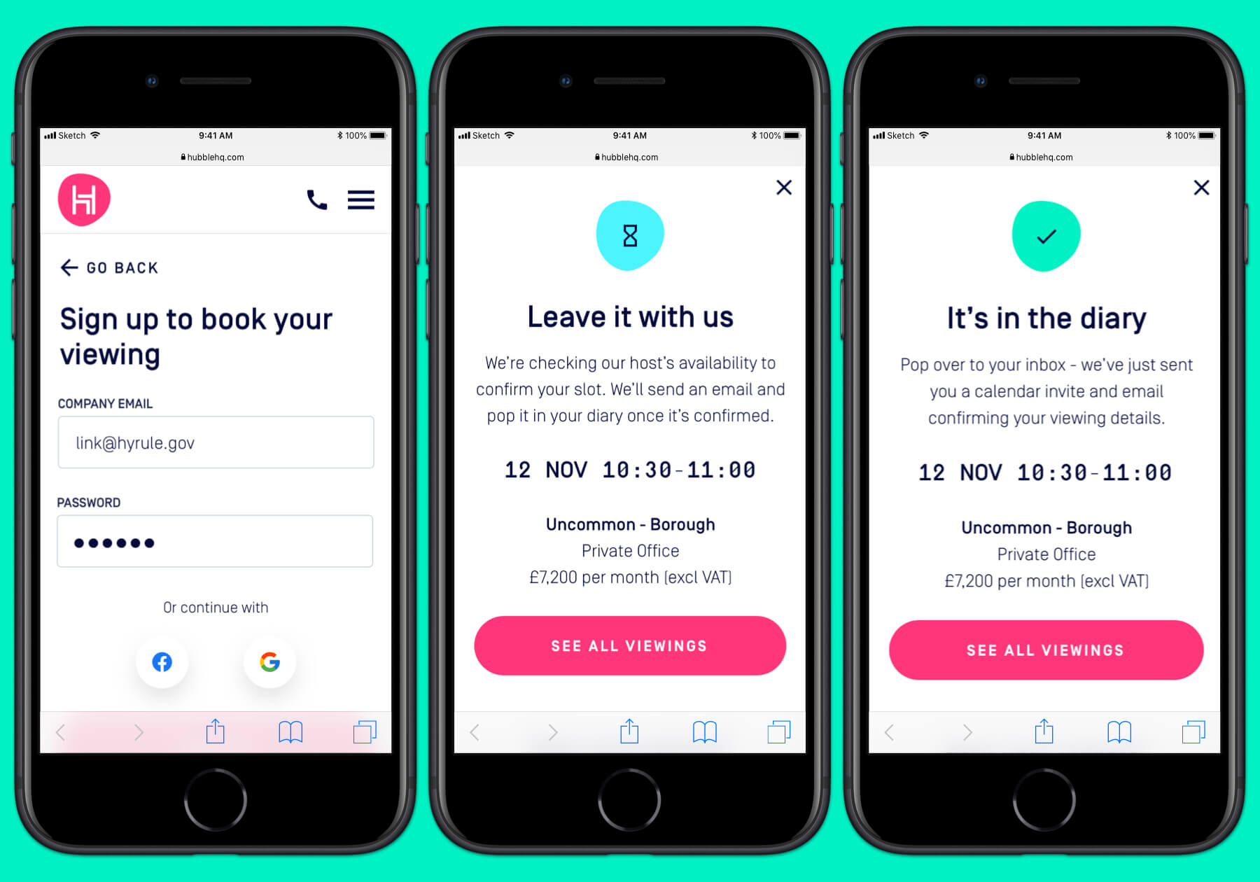 HubbleHQ Viewings mobile designs - social sign in and viewing confirmation