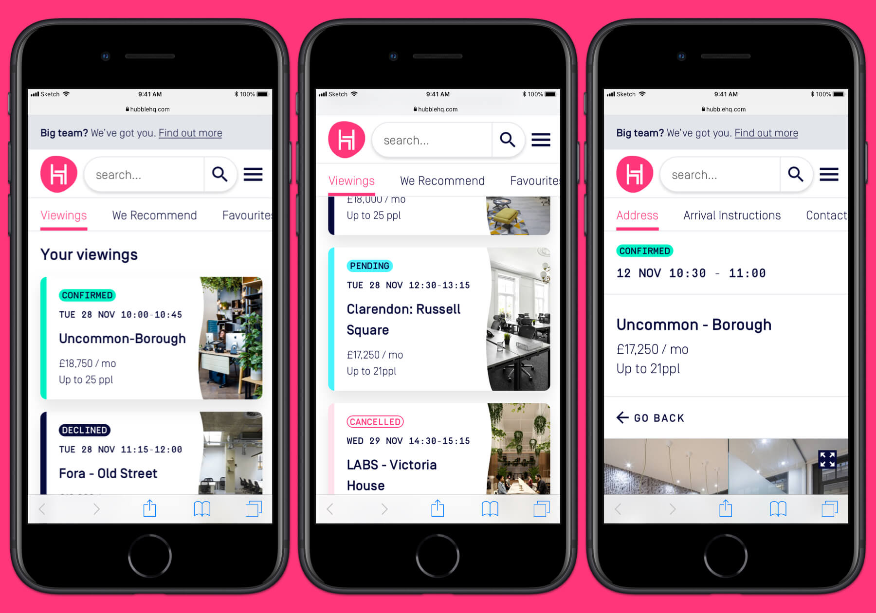 HubbleHQ Viewings mobile designs - Viewings area and viewing detail page